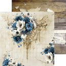 A decorative scrapbook paper or craft paper design featuring blue and white flowers with a distressed beige background and ornate gold-toned scrollwork. The main sheet is shown with a vertical strip of rustic wood texture on the right side.
