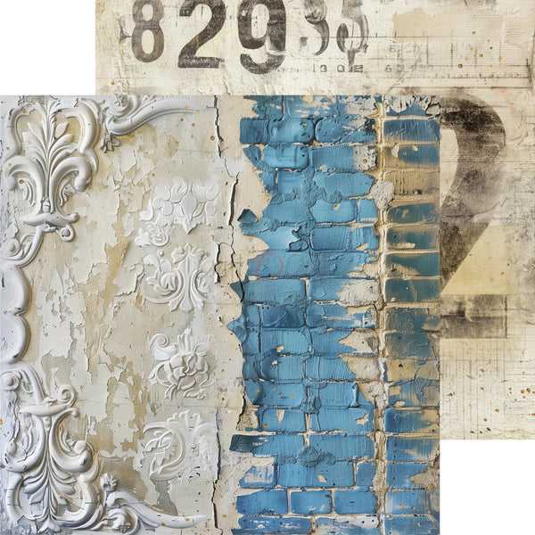 A square collage of distressed textures: peeling cream wallpaper with ornate white molding on the left, a vertical section of blue brick paint over a beige surface in the center-right, and aged paper elements with numbers and markings in the background.