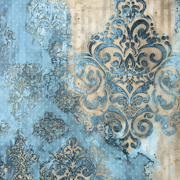 Damask pattern wallpaper featuring distressed blue and beige tones with ornate baroque scrollwork and textured mottled finishes.