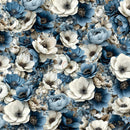 A seamless floral pattern featuring large blue and white flowers with detailed dark centers and small beige filler blossoms.