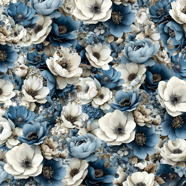 A seamless floral pattern featuring large blue and white flowers with detailed dark centers and small beige filler blossoms.