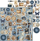A sheet of vintage-themed scrapbooking paper or craft decoupage elements featuring antique clocks, butterflies, books, letters, and small decorative objects in muted blue, beige, and brown tones on a pale blue background.
