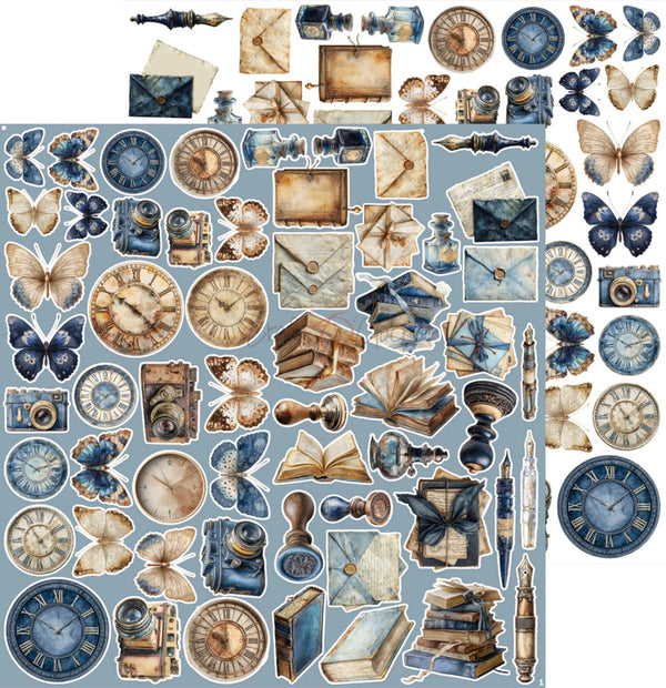 A sheet of vintage-themed scrapbooking paper or craft decoupage elements featuring antique clocks, butterflies, books, letters, and small decorative objects in muted blue, beige, and brown tones on a pale blue background.