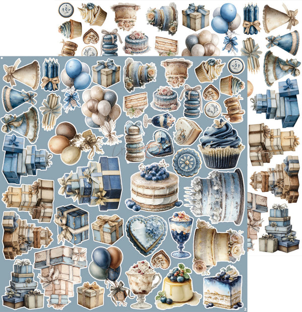 A sheet of assorted die-cut stickers featuring blue and beige birthday-themed illustrations, including cakes, cupcakes, presents, balloons, clocks, and decorative motifs, arranged on a light blue background.