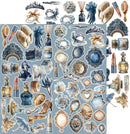 A sheet of decorative stickers featuring vintage-inspired blue and beige illustrations, including perfume bottles, gloves, tiaras, mirrors, shells, flowers, and accessories, arranged on a light blue background.