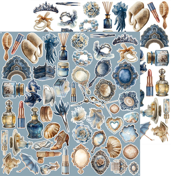 A sheet of decorative stickers featuring vintage-inspired blue and beige illustrations, including perfume bottles, gloves, tiaras, mirrors, shells, flowers, and accessories, arranged on a light blue background.