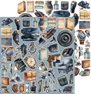 A sheet of watercolor-style stickers or decal designs featuring vintage objects in blue, brown, and beige tones, including boxes, bottles, watches, keys, glasses, and furniture, shown on a light blue background with additional matching pieces around the edges.