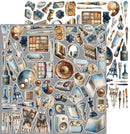 A sheet of assorted vintage-style illustrated stickers featuring art tools and objects such as paintbrushes, palettes, brushes, easels, books, bottles, and instruments, arranged on a light gray background.