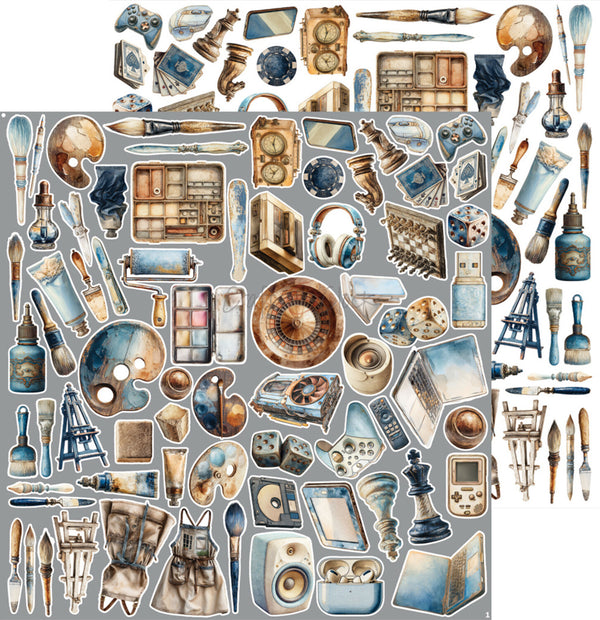 A sheet of assorted vintage-style illustrated stickers featuring art tools and objects such as paintbrushes, palettes, brushes, easels, books, bottles, and instruments, arranged on a light gray background.