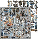 A sheet of die-cut stickers featuring various vintage-style vehicles and transportation items, including cars, trucks, bicycles, skateboards, motorcycles, and steering wheels, arranged on a gray background.