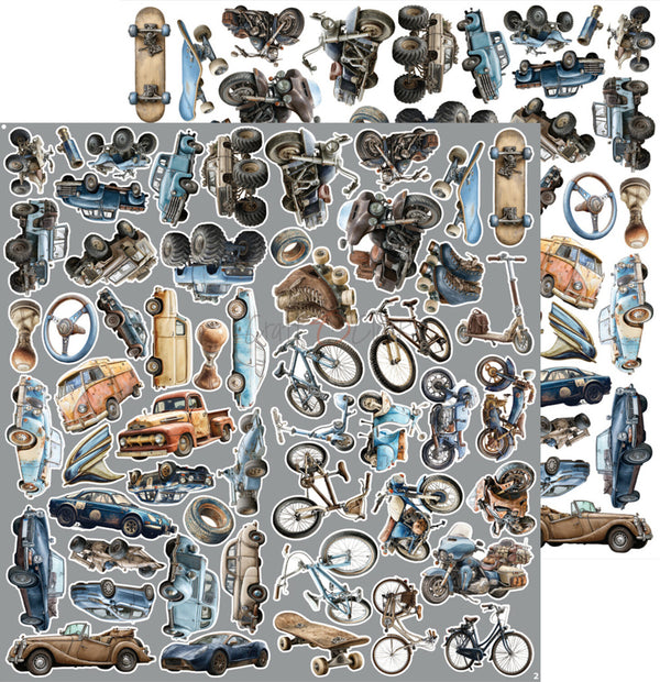 A sheet of die-cut stickers featuring various vintage-style vehicles and transportation items, including cars, trucks, bicycles, skateboards, motorcycles, and steering wheels, arranged on a gray background.