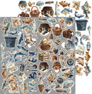 A sheet of decorative stickers featuring a nautical and fishing theme, including fish, seashells, baskets, buckets, a folding chair, and rustic coastal objects, arranged on a gray background.