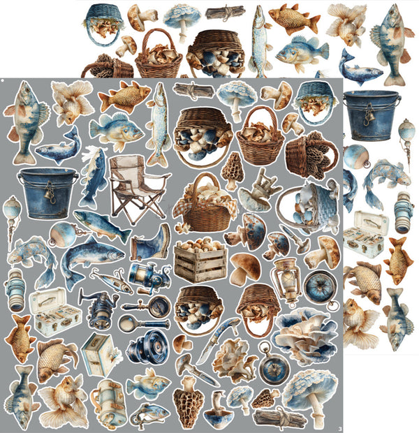 A sheet of decorative stickers featuring a nautical and fishing theme, including fish, seashells, baskets, buckets, a folding chair, and rustic coastal objects, arranged on a gray background.