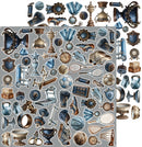 A sheet of sports-themed stickers featuring various trophies, medals, athletic gear, balls, rackets, and decorative emblems in blue, gray, and bronze tones on a light gray background.