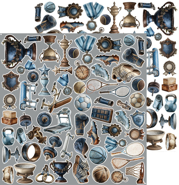 A sheet of sports-themed stickers featuring various trophies, medals, athletic gear, balls, rackets, and decorative emblems in blue, gray, and bronze tones on a light gray background.