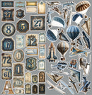 A sheet of vintage-style aviation-themed stickers or decals on a light gray background, featuring airplanes, parachutes, hot air balloons, a rocket, binoculars, and numbered labels or frames.