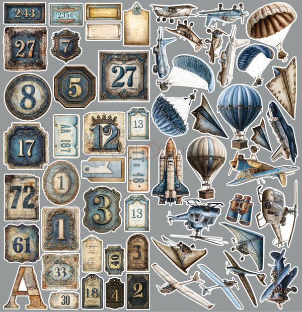 A sheet of vintage-style aviation-themed stickers or decals on a light gray background, featuring airplanes, parachutes, hot air balloons, a rocket, binoculars, and numbered labels or frames.