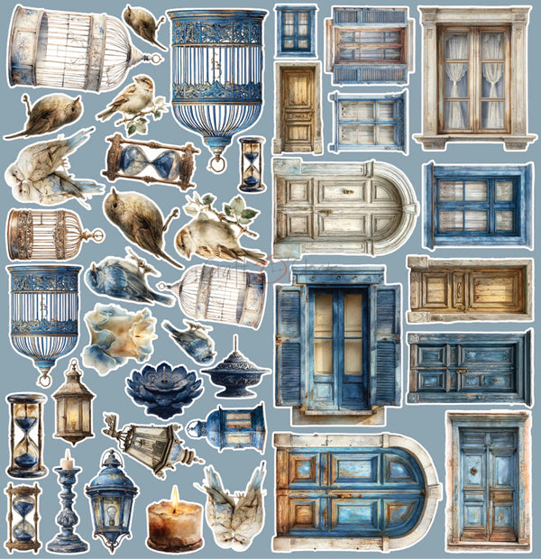 A sheet of vintage-style decorative stickers or decals featuring blue and beige birdcages, birds, lanterns, hourglasses, flowers, and multiple distressed wooden doors and windows on a muted blue background.