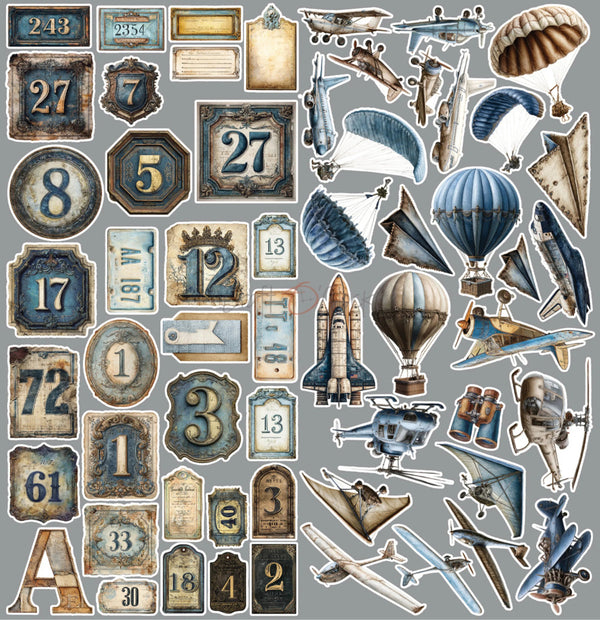 A sheet of vintage-style airship and aviation stickers featuring airplanes, balloons, parachutes, binoculars, and numbered labels on a gray background.
