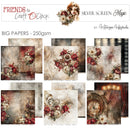 A collage of vintage-style scrapbook paper designs with floral bouquets, clocks, and distressed textures, labeled 'FRIENDS & Craft Clock' and 'Silver Screen Magic' with 'BIG PAPERS - 250gsm'.