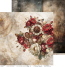 A square decorative art print or scrapbook paper design featuring a vintage floral arrangement with red and cream roses, a clock face, and distressed brown textured panels. The bottom edge includes branding text for Paper Source and Silver, N.