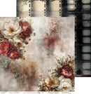 A scrapbook paper sheet featuring a vintage floral design with red, cream, and burgundy roses on a distressed beige background, shown alongside matching film strip graphics.
