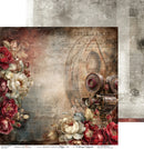 A vintage-style decorative paper or scrapbook background featuring distressed sepia parchment, old map-like script, floral arrangements in red and cream at the corners, and a small antique camera motif on the right side.