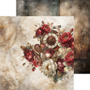 A square art print or decorative card featuring a vintage floral arrangement with red and cream roses, a spiral clock face, and aged parchment-style background details. A second matching square is partially visible behind it on a white backdrop.