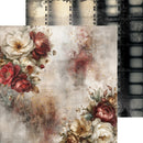 A scrapbook paper or digital design sheet featuring vintage floral arrangements in cream, red, and burgundy tones over a distressed beige background with film strip graphics along the top and right edges.