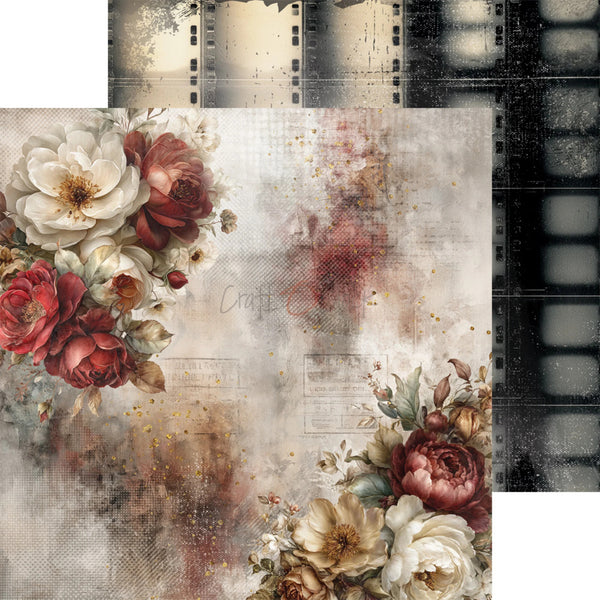 A scrapbook paper or digital design sheet featuring vintage floral arrangements in cream, red, and burgundy tones over a distressed beige background with film strip graphics along the top and right edges.