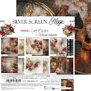 A product packaging and preview sheet for 'Silver Screen Magic' double-sided scrapbooking papers by Friends in Craft O'Clock. The white central label features the product title, barcode, and a preview grid of the distressed, vintage-themed paper designs, which feature red roses, hearts, and sepia tones against a rusted metal background.