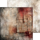Abstract art print featuring a textured collage of vintage paper, script, and distressed tones in beige, brown, gray, and deep red.