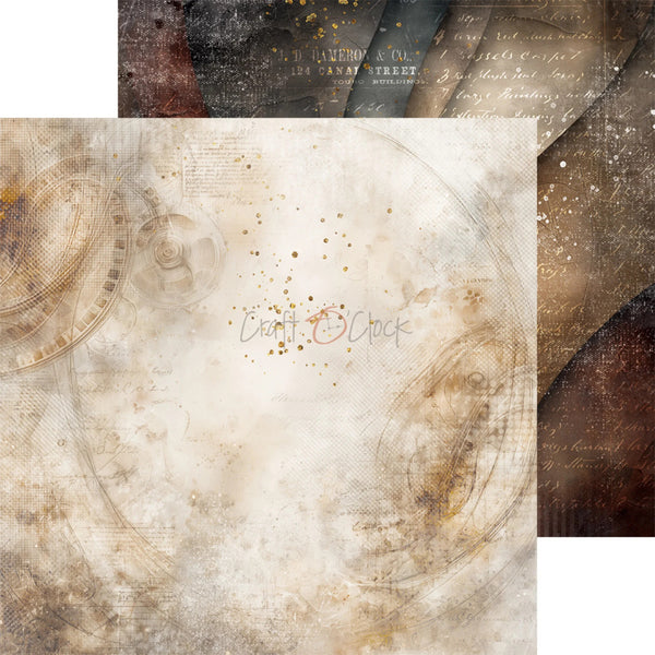A vintage-style scrapbook paper or digital background design featuring distressed beige, brown, and cream tones with faint script text, circular line art, and scattered gold speckles.