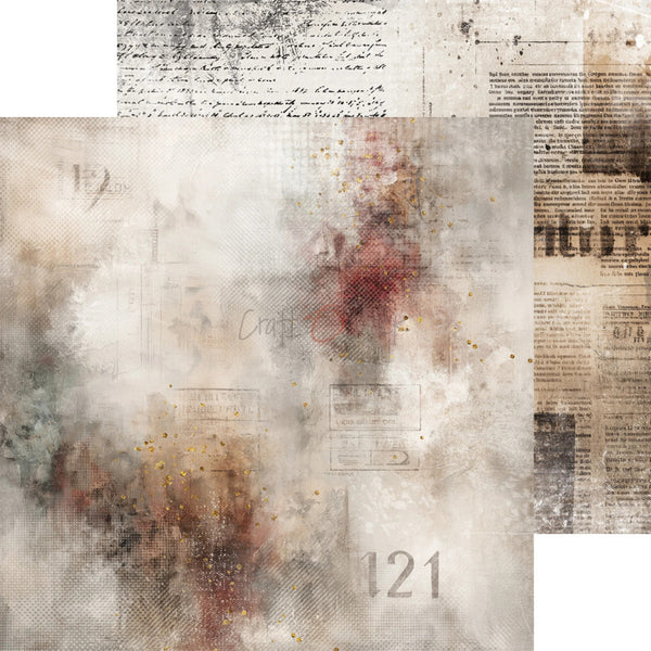 A square abstract collage artwork with layered vintage newspaper print, faded script, distressed textures, and soft smoky washes in beige, brown, gray, and muted red. The design includes faint newspaper columns, handwritten script, and the number 121.