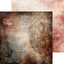 A vintage-style scrapbook paper sheet with distressed textures, featuring sepia tones, faded script, ornate floral scrollwork, and aged map-like graphics.
