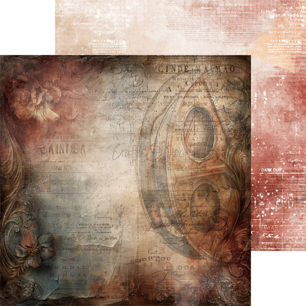 A vintage-style scrapbook paper sheet with distressed textures, featuring sepia tones, faded script, ornate floral scrollwork, and aged map-like graphics.