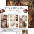 A paper craft set package titled 'Silver Screen Magic' by Kateryna Kiedladowicz, featuring a white central label with product details and several sample paper designs, surrounded by decorative vintage-style brown and red textured paper borders.