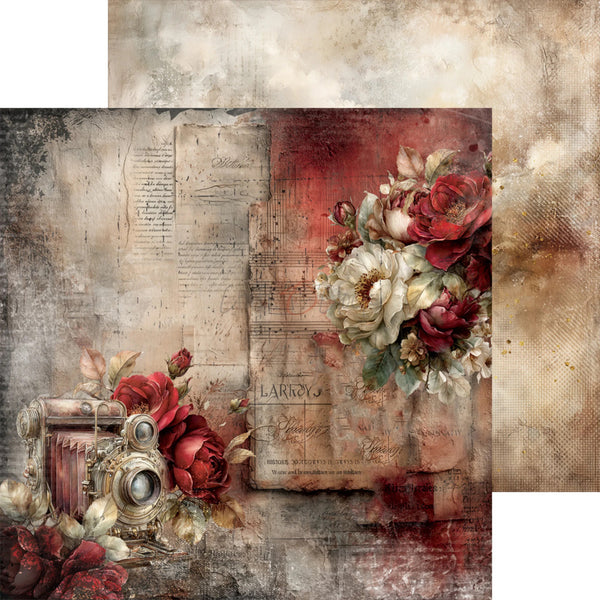 A vintage-style decorative artwork or scrapbook paper design featuring red and cream roses, an antique camera, faded script, and aged parchment textures on a distressed beige background.