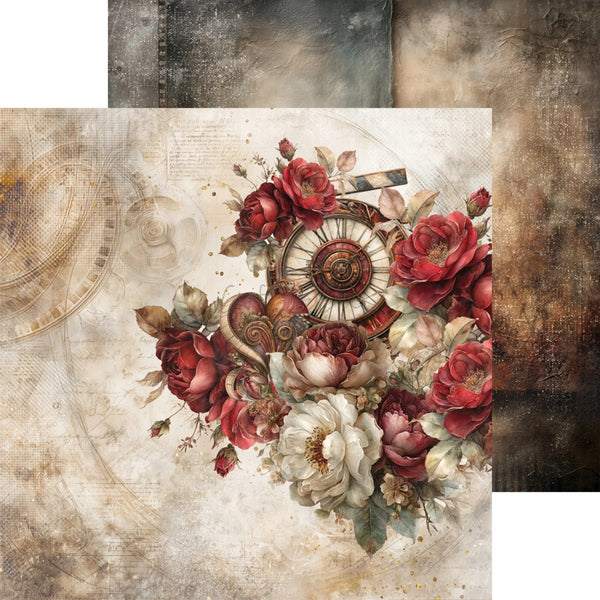 A square art print or decorative card featuring a vintage floral arrangement with red and cream roses, a spiral clock face, and aged parchment-style background details. A second matching square is partially visible behind it on a white backdrop.