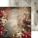 A vintage-style scrapbook paper or art print design featuring a distressed sepia background with faded script, a large number 0 motif, and clusters of red and cream flowers along the left and bottom edges, plus a small brass camera illustration on the right.