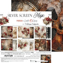 A product packaging card for a scrapbooking paper set titled 'Silver Screen Magic' by Friends for Craft With Clock. The packaging features a white background with a barcode, product description in Polish, and previews of the double-sided paper designs, which depict vintage rose patterns, hearts, and textured sepia tones.