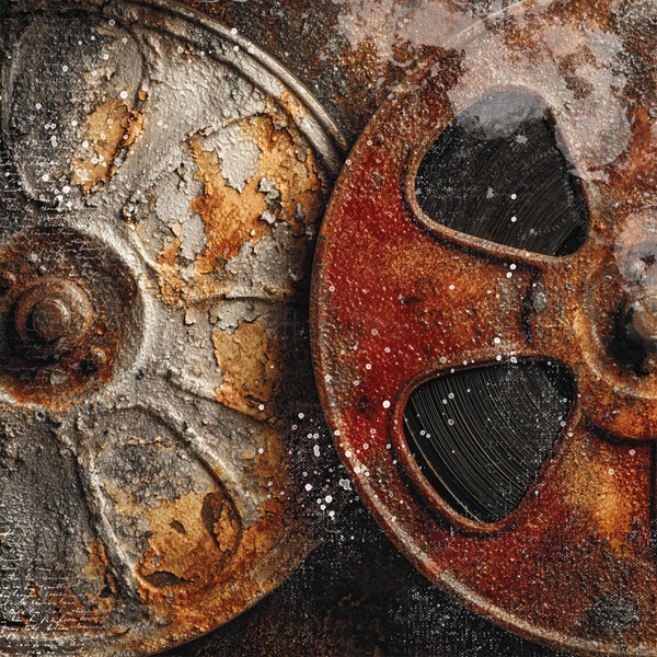 Close-up of two rusted metal film reels or spools with peeling paint, showing textured brown, orange, and gray surfaces with dark openings.