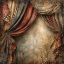 Vintage-style theatrical backdrop featuring distressed brown and rust curtains framing a mottled beige center, with a textured aged-paper look and subtle white speckles.