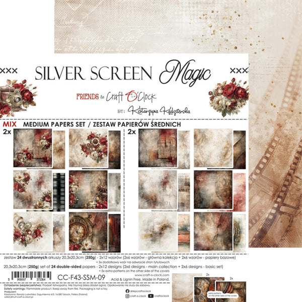 A product card for a scrapbooking paper set titled 'Silver Screen Magic' by Craft O'Clock. The card displays a collection of 24 double-sided papers in a mix of vintage textures, floral designs, and sepia tones, with decorative borders on a beige background.
