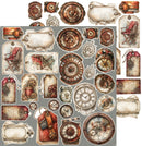 A sheet of scrapbook paper featuring a steampunk design with various vintage clock, gear, tag, and label cutouts in distressed brown, bronze, and rust tones on a gray background.