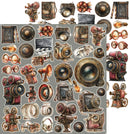 A sheet of vintage steampunk-themed stickers featuring illustrated old cameras, lenses, gears, light bulbs, goggles, and film reels in rusty bronze, brown, red, and gold tones on a gray background.