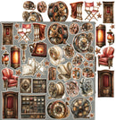 A sheet of steampunk-themed die-cut stickers featuring vintage film reels, glowing lanterns, red armchairs, control panels, gears, and stars on a gray background.