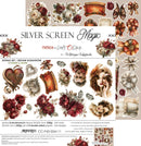 A decorative paper craft set sheet titled 'Silver Screen Magic' by Katarzyna Górska, showing multiple floral and vintage-themed double-sided papers arranged on a white background with product text and a barcode.