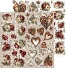 A sheet of decorative Valentine-themed stickers or decals featuring vintage hearts, floral arrangements, butterflies, and ornate scroll motifs in muted red, cream, brown, and gray tones on a light beige background.