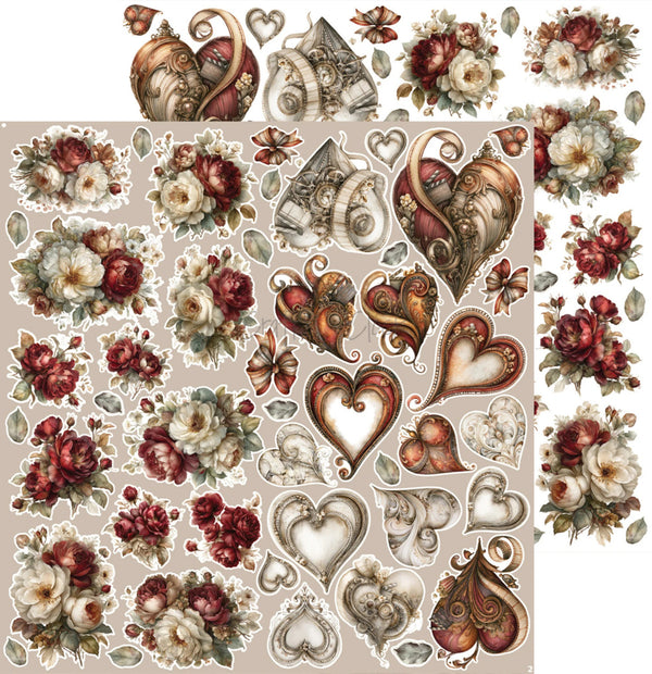 A sheet of decorative Valentine-themed stickers or decals featuring vintage hearts, floral arrangements, butterflies, and ornate scroll motifs in muted red, cream, brown, and gray tones on a light beige background.